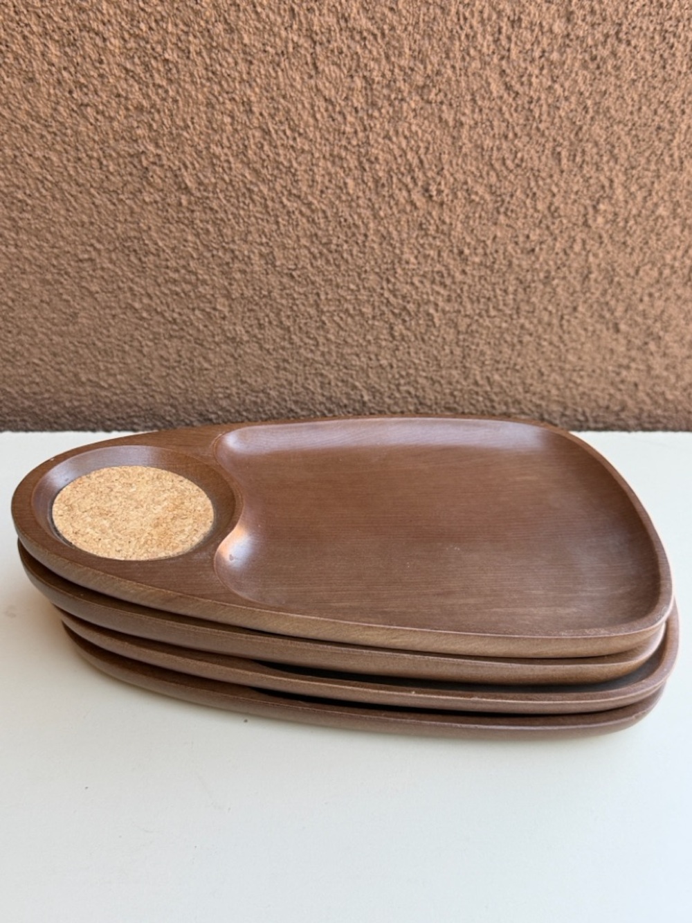 Nevco Japan Mid Century Modern Wood Snack Tray Set of 4 w/ Cork Coasters Danish